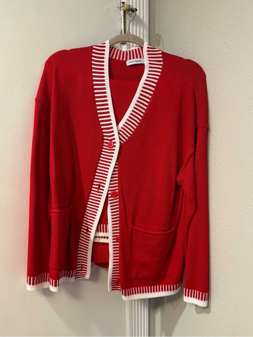 Red V-Neck Cardigan Sweater and pant with White Trim